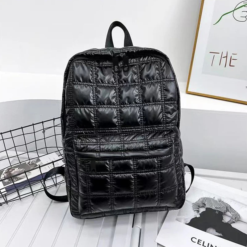 Quilted Metallic Backpack – Multi-Compartment Shiny Daypack for Women