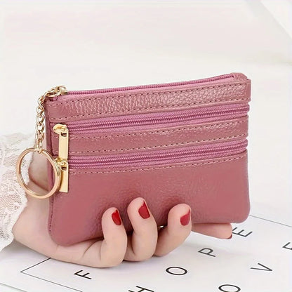 Leather Multi Zipper Pouch Mini Coin Purse Keyring Split Pocket Compact Card Cash Storage Wallet