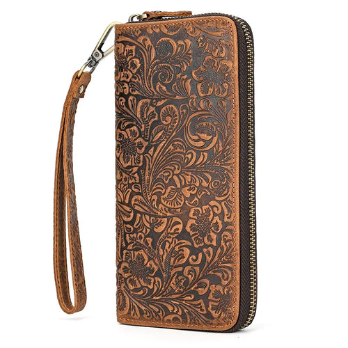 Crazy Horse Leather Long Wallet Retro Embossed Zipper Handbag Multi-Card Mobile Phone Change Storage