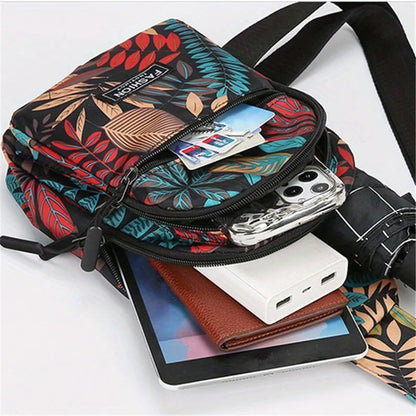 Outdoor Travel Hiking Cycling Chest Bag Women Colorful Floral Leaves Print Sling Backpack
