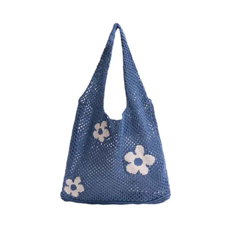 Crochet Flower Mesh Tote Bag - Summer Knitted Shoulder Handbag