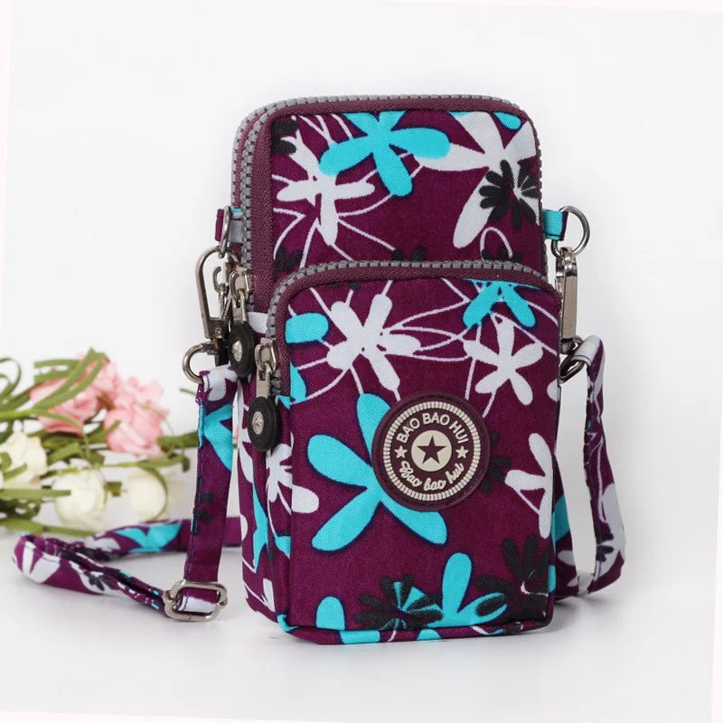 Multi Pattern Printed Crossbody Phone Bag Lightweight Nylon Purse Adjustable Strap Mini Shoulder