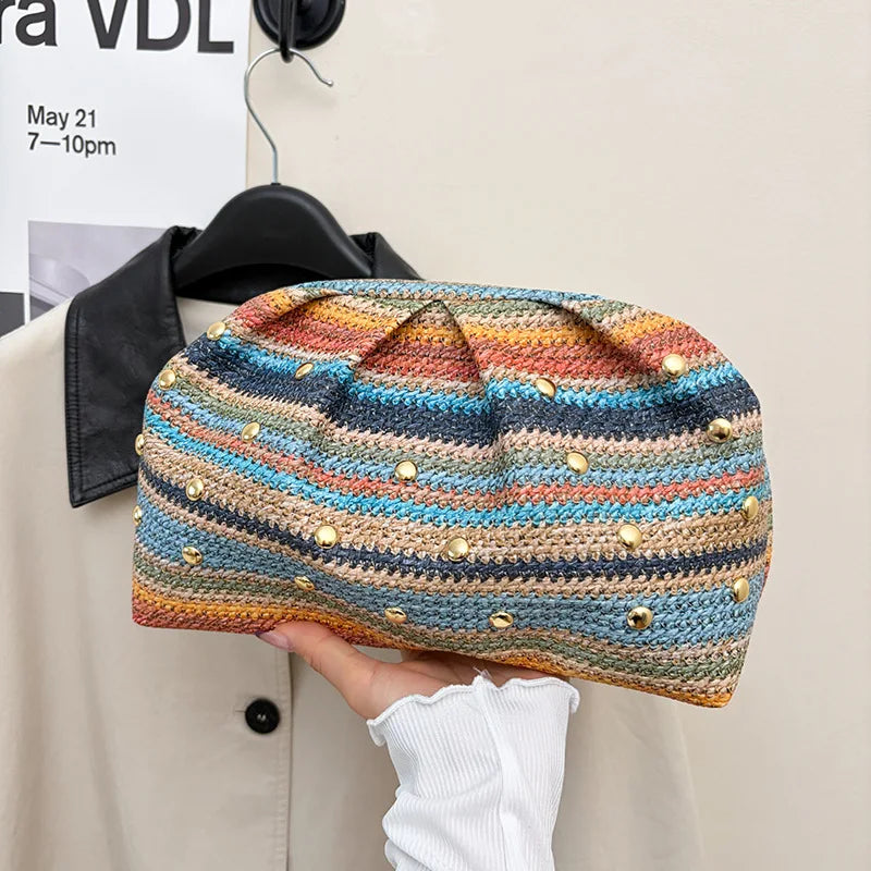 Rainbow Stripe Straw Woven Evening Clutch Women Fresh Bohemian Versatile Purse Party Beach