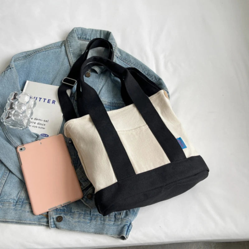 Color Block Canvas Tote Bag – Large Shoulder & Crossbody Bag