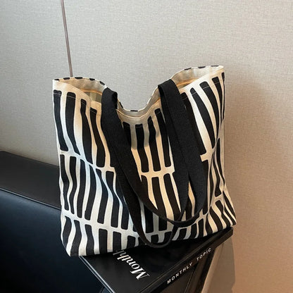 Large Canvas Tote Bag – Printed Stripe Pattern Shoulder Handbag