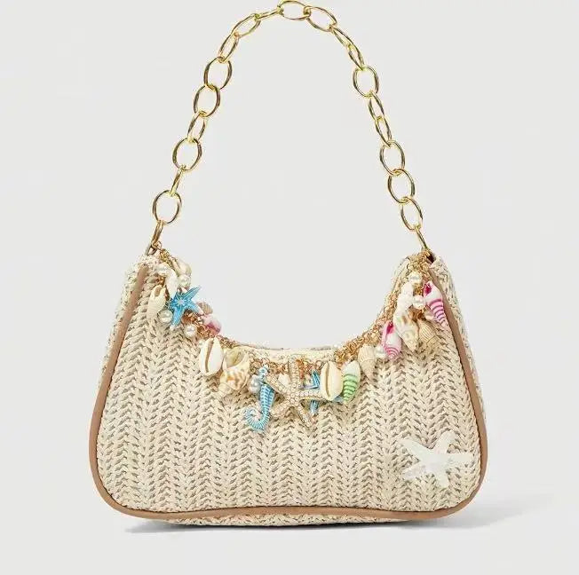 Straw Shoulder Bag with Ocean Shell & Starfish Charms