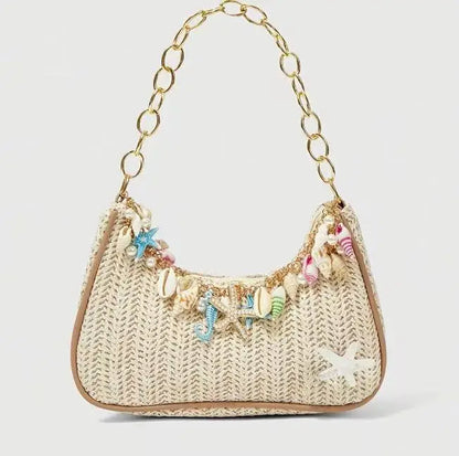 Straw Shoulder Bag with Ocean Shell & Starfish Charms