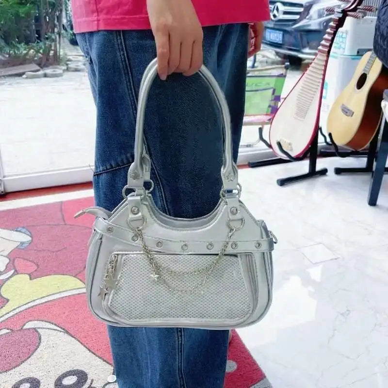 Y2K Ita Shoulder Bag – Transparent Pocket Underarm Handbag with Star & Cross Detail