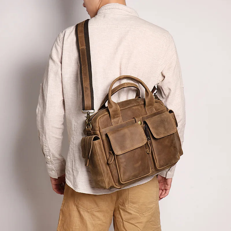 Retro Men S Real Leather Handhold Head Layer Crazy Horse Shoulder Crossbody Bag Large Capacity