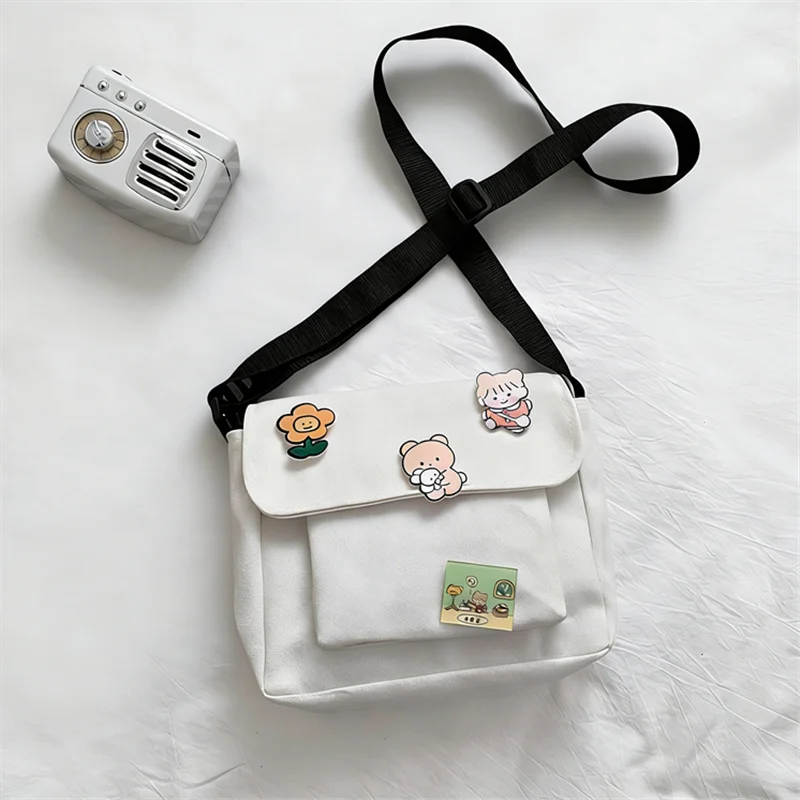 Cute Canvas Crossbody Bag with Pins – Lightweight Shoulder Bag for Women