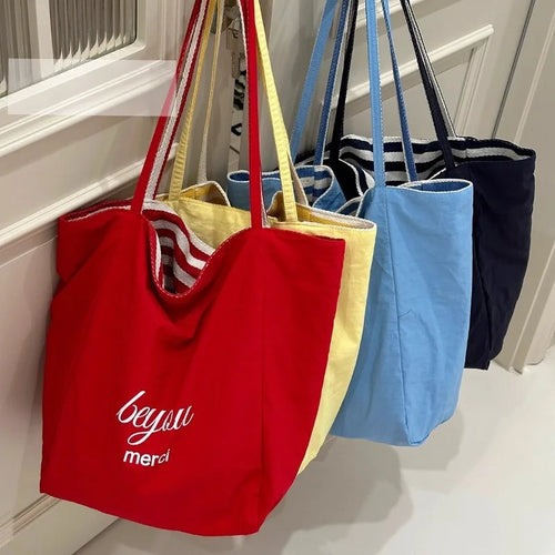 Striped Canvas Tote Bag – Double-Sided Large Shoulder Bag for Women
