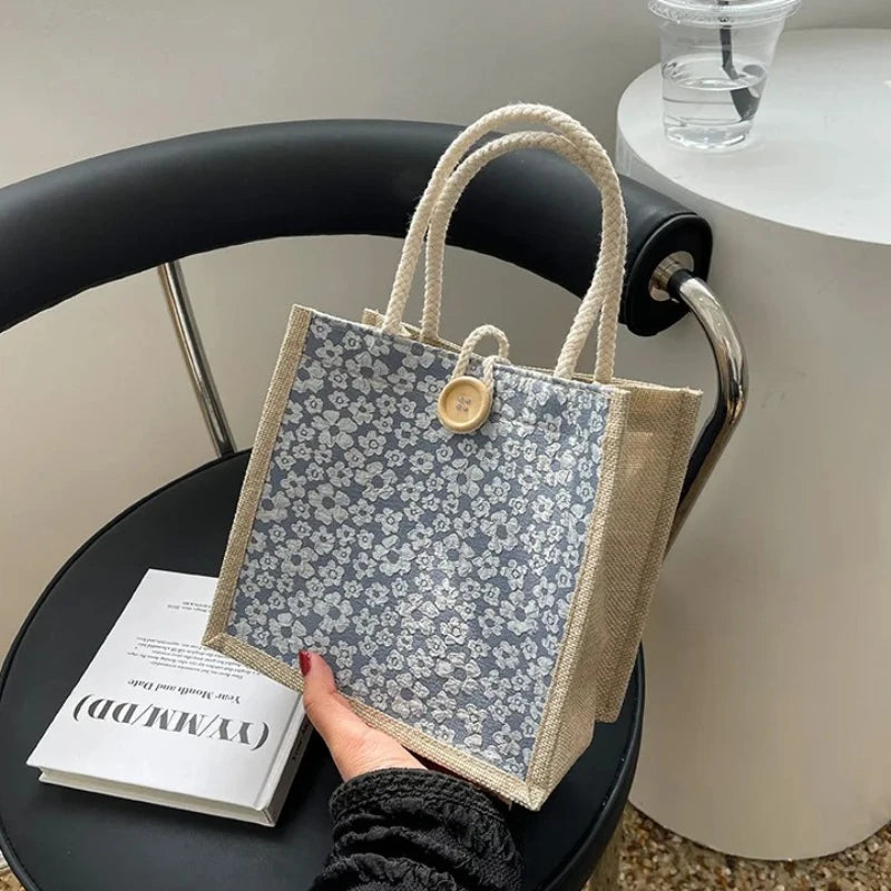 Women's Canvas Tote Bag – Floral Minimalist Handbag with Button Closure