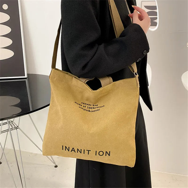 Retro Letter Print Tote Bag Trendy Canvas Crossbody Bag Literary Shoulder Bag School Work Travel