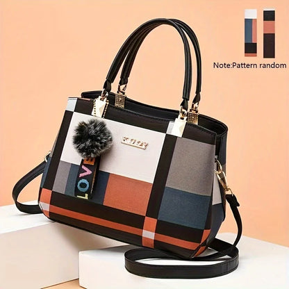 Plaid Small Tote Bag Ball Decoration Multi Layer Handbag Shoulder Crossbody Women Date Party Student