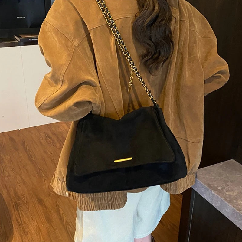 Suede Flap Crossbody Bag – Gold Bar Accent Double Chain Shoulder Purse