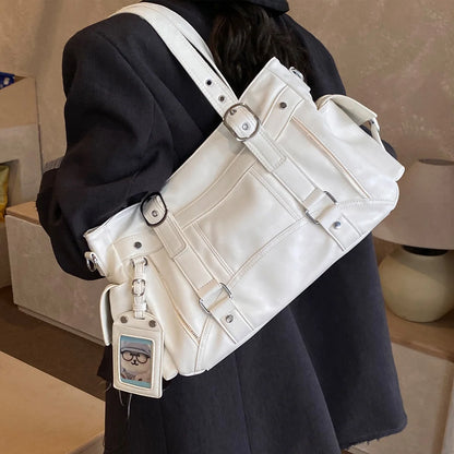 Commute Y2k Women Tote Bag Soft Pu Leather Metal Shoulder Large Capacity Multi Pocket Handbag