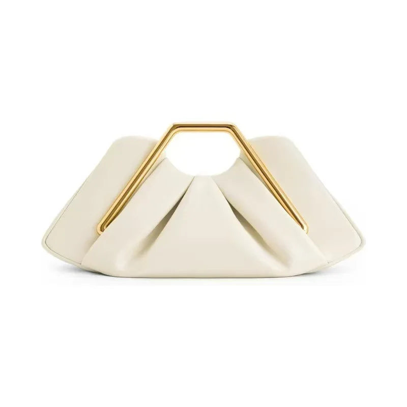 Elegant Pleated Leather Clutch Bag Luxury Gold Metal Frame Handbag Vintage Evening Party Purse