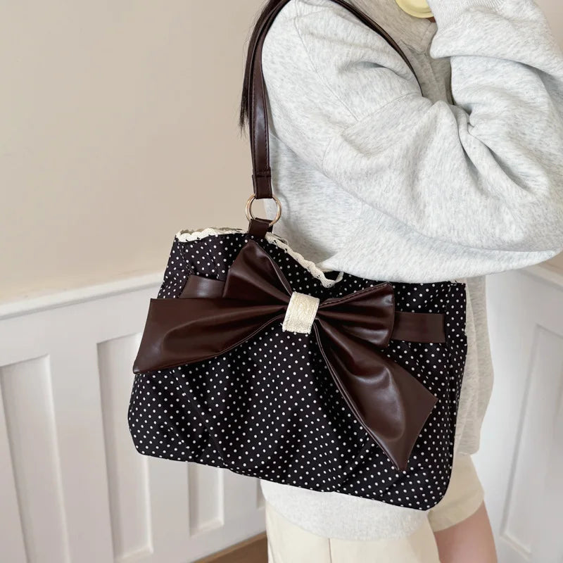 Polka Dot Tote Bag Big Leather Bow Lace Trim Large Capacity Shoulder Handbag