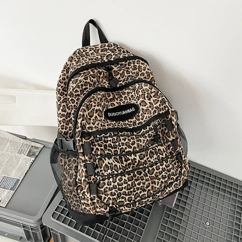 Leopard Print Backpack – Large Capacity School Bookbag with Side Mesh Pockets
