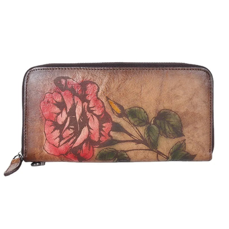 Tree Paste Leather Purse Long Zipper Print Polish Color Retro Style Ladies