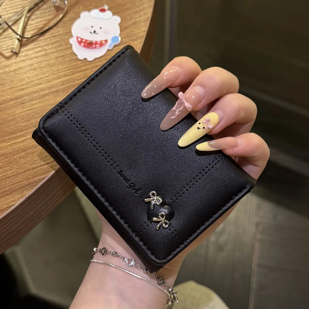 Korean Style Simple Love Bow Short Wallet Female Cute Large Capacity Card Holder Girl Heart