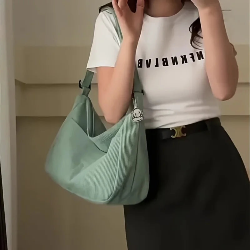 Corduroy Tote Bag for Women – Large Capacity Striped Shoulder Bag