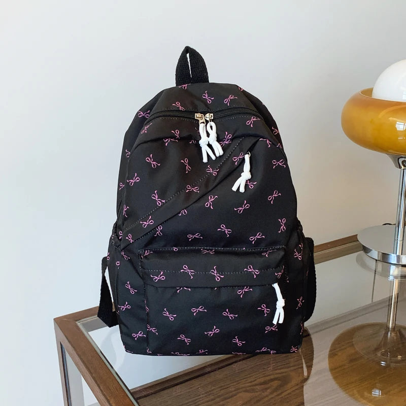 Fashionable Cute Backpack Bow Print Bookbag Laptop Protection Adjustable Straps Back School Season