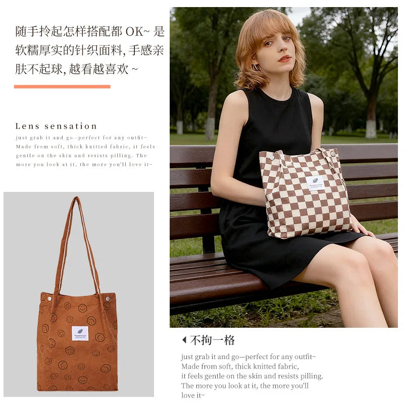 Corduroy Canvas Tote Bag – Minimalist Shoulder Bag for Women