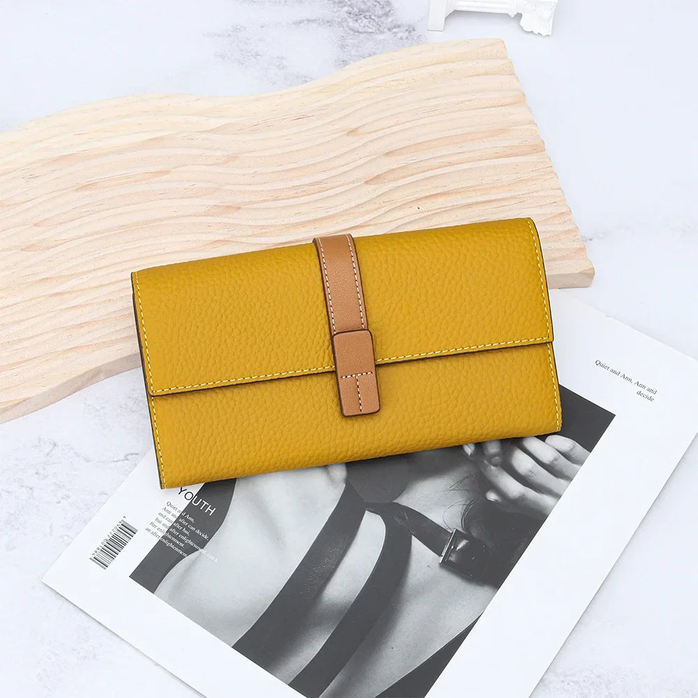 Color Contrast Long Purse Women Large Capacity Passport Position Mobile Phone Holding Bag Leather