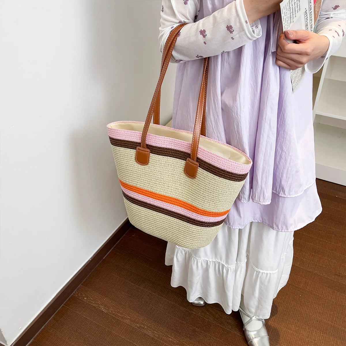 Vacation Beach Women Handbag Vibrant Color Stripe Tote Bag Woven Straw Large Capacity Shoulder