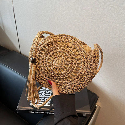 Women Hollow Straw Bag Circle Rattan Round Soft Paper Rope Shoulder Tassel Summer Beach Handmade