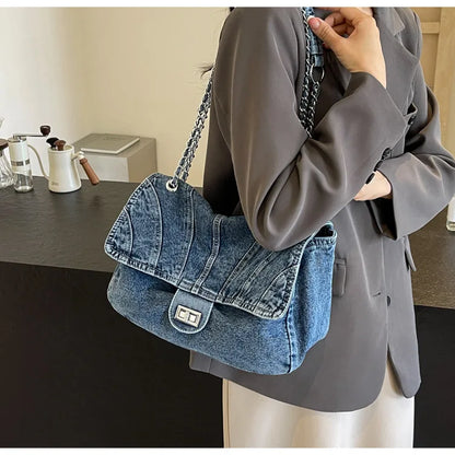 Denim Buckle Women S Large-Capacity Casual Crossbody Bag Student Commuting Tote Bag