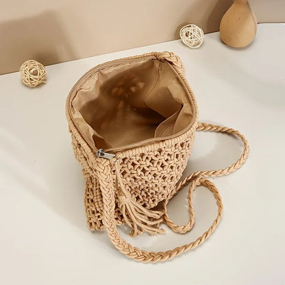 Bohemian Woven Rope Crossbody Bag with Tassel Detail