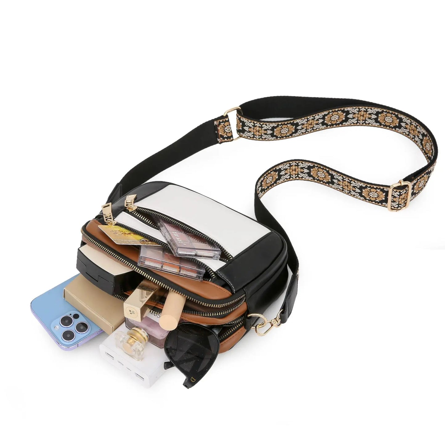 Stylish Wide Shoulder Strap Leather Crossbody Bag States Color Matching Zipper Small Square Suitable