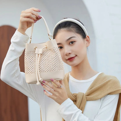Faux Leather Straw Crossbody Bags Drawstring Closure