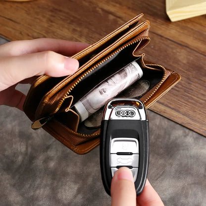 Oil Wax Leather Men S Short Wallet Zipper Pocket Coin Purse