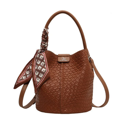 Stylish Women Bucket Tote Bag Solid Color Woven Effect Handbag Shoulder Crossbody Bag