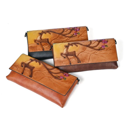 Top Layer Cowhide Crossbody Bag Retro Embossed Colored Retro Style Functional Single-Shoulder Bag