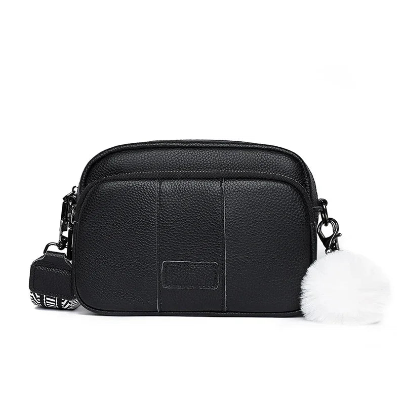Genuine Leather Women's Crossbody Bag with Fur Charm