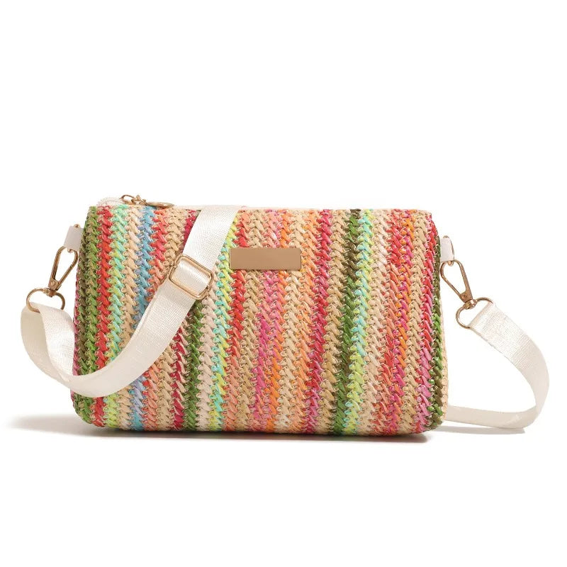 Colorful Striped Woven Crossbody Bag with Wide Adjustable Strap