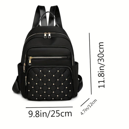 Quilted Studded Women Backpack Multi Zipper Pocket Adjustable Wide Shoulder Strap Lightweight Casual