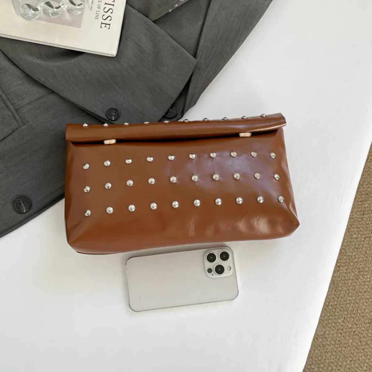 Light Luxury Clutch Bag Glitter Pu Leather Evening Rivet Solid Color Handbag Banquet Dance