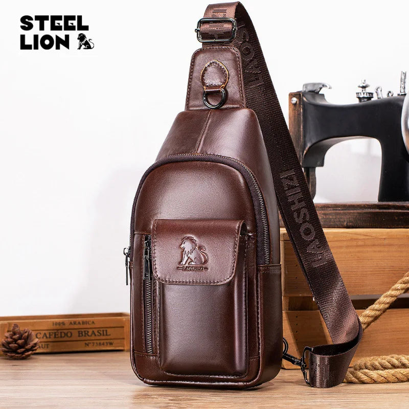 Men S Head Layer Cowhide Chest Bag Leather One Shoulder Across Inserted Mobile Phone Storage