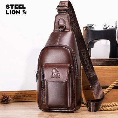 Men S Head Layer Cowhide Chest Bag Leather One Shoulder Across Inserted Mobile Phone Storage