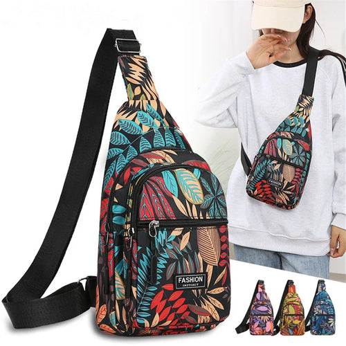 Outdoor Travel Hiking Cycling Chest Bag Women Colorful Floral Leaves Print Sling Backpack