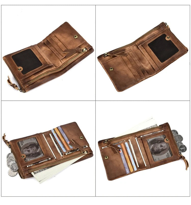 Genuine Leather Coin Pocket Card Holder Retro Double-Zipper Men S Wallet