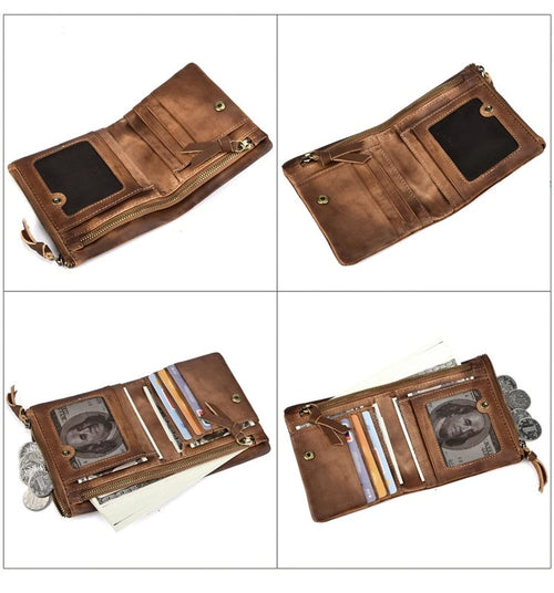 Genuine Leather Coin Pocket Card Holder Retro Double-Zipper Men S Wallet