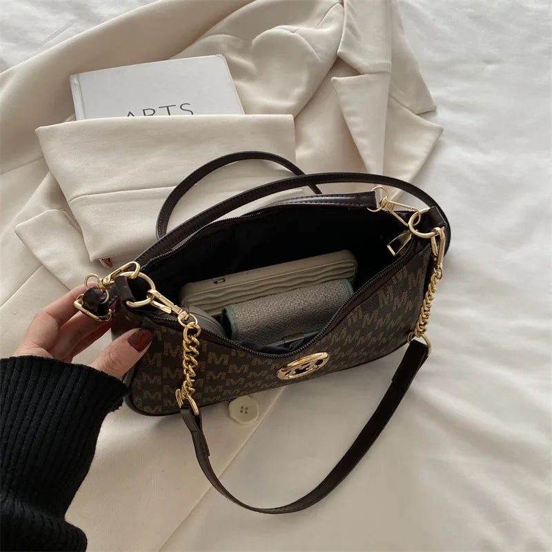 Crossbody Shoulder Bag with Gold M Logo & Chain Strap