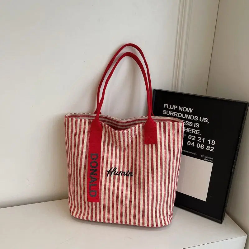 Striped Canvas Tote Bag – Large Capacity Women's Shoulder Shopper