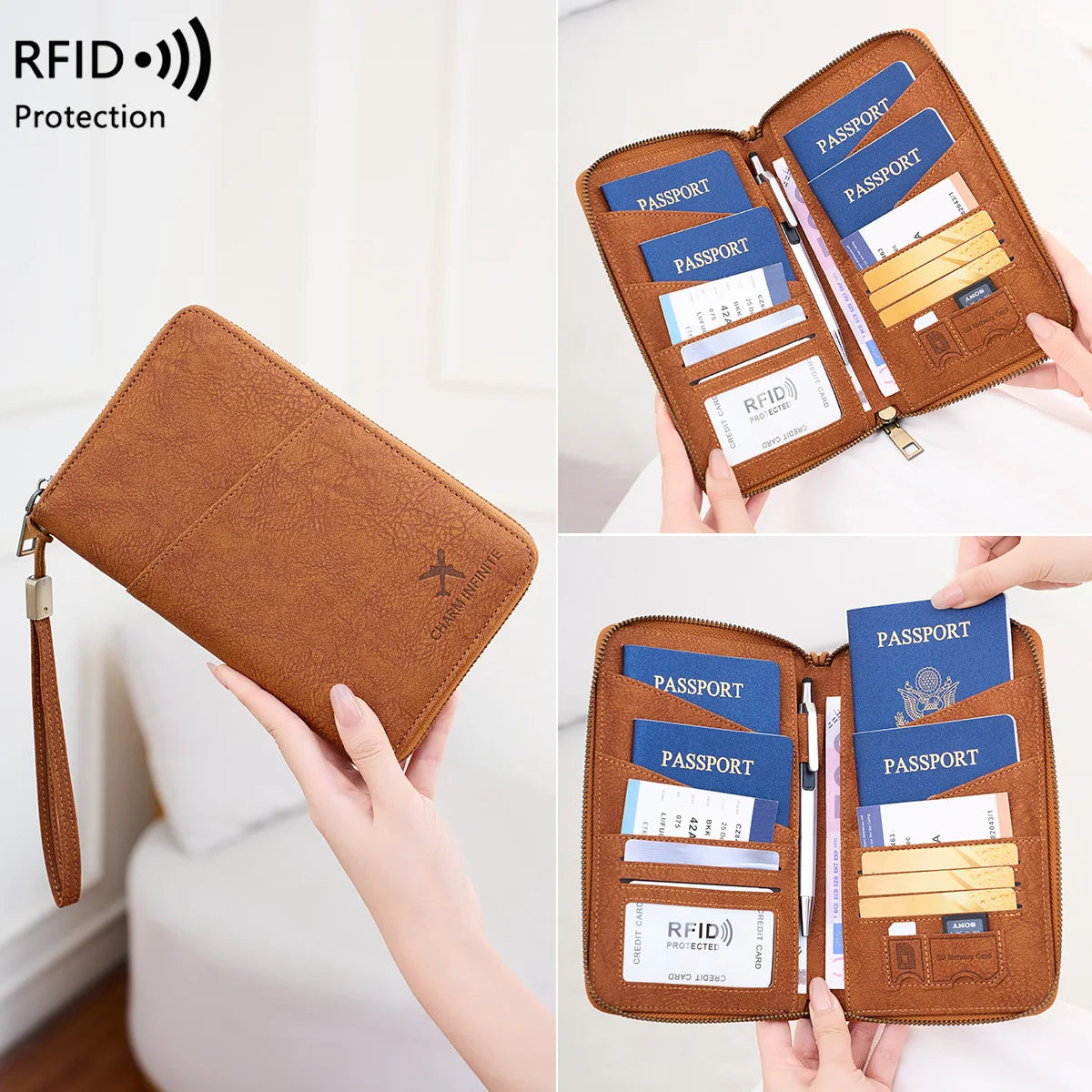 Rfid Blocking Passport Holder Multi-Functional Travel Document Organizer Ticket Storage Bag Wallet
